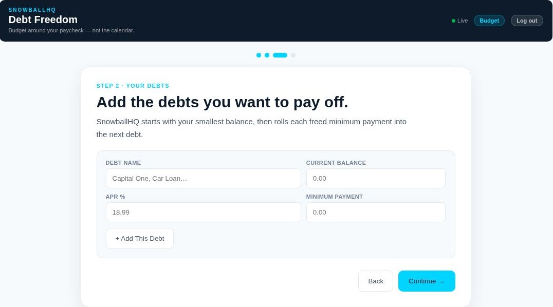 SnowballHQ onboarding form for adding debt balance, APR and minimum payment