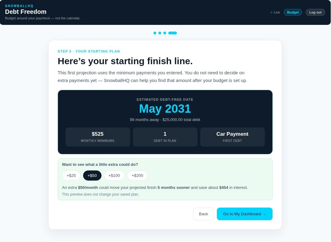 SnowballHQ onboarding screen showing an estimated debt-free date and extra-payment what-if options